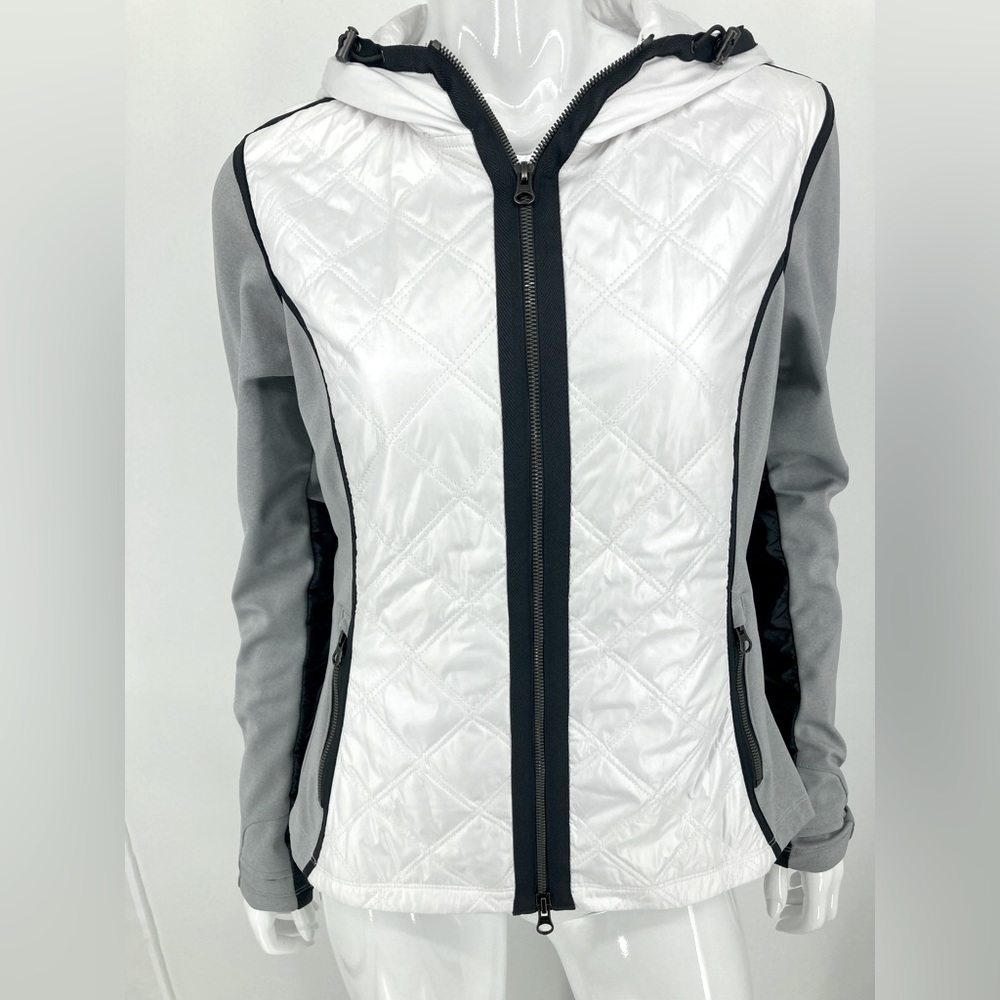 Athleta White with Black & Gray Trim Hooded Zipper Front Size M Gently Used